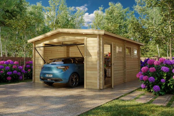 Garaje grande de madera B con puerta basculante 4,5x5,5m 70mm