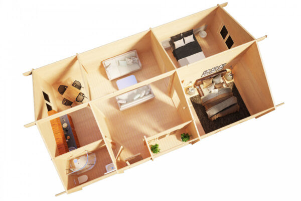 Casa de madera con dos dormitorios Dune 70m2 12x6m 70mm