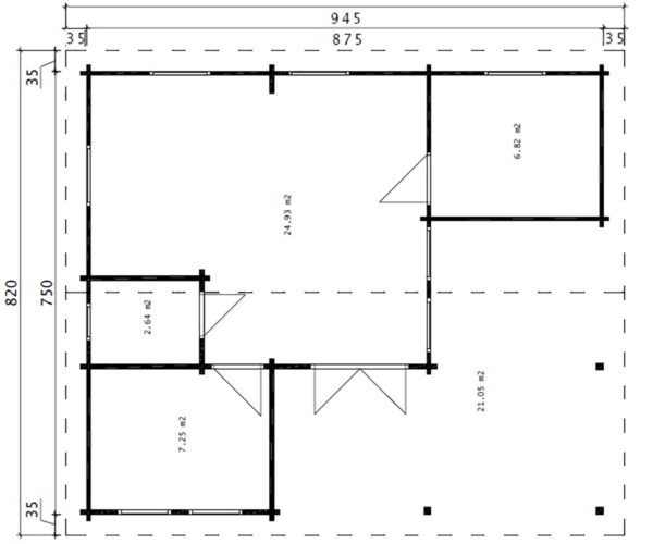 Casa de madera con dos dormitorios Holiday B 42m² 9x7m 70mm