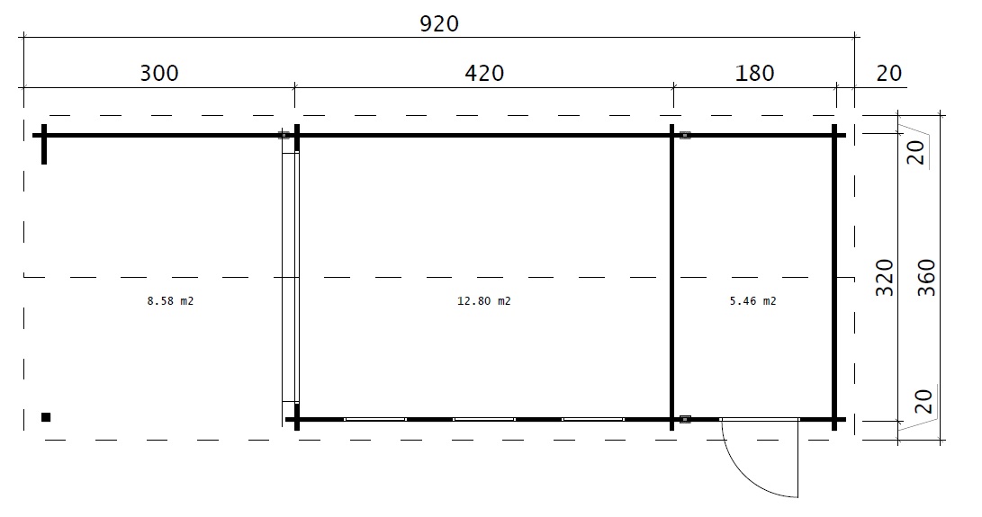 Caseta de jardín con porche y trastero Super Eva E 18 m2 / 9x3 m / 44 mm