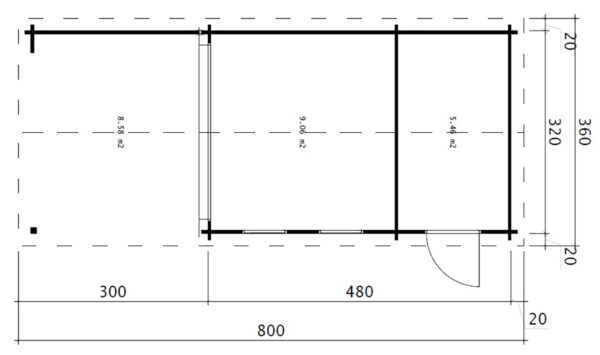 Caseta de jardín Super Nora E con porche y trastero 15m² 8x3m 44mm