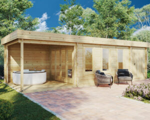 Caseta de jardín con trastero y porche Super Jacob E 18m² 3x9m 44mm