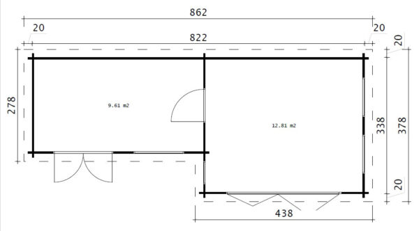 Caseta de jardín Amelia con dos estancias 22 m2 / 8x4m / 44mm